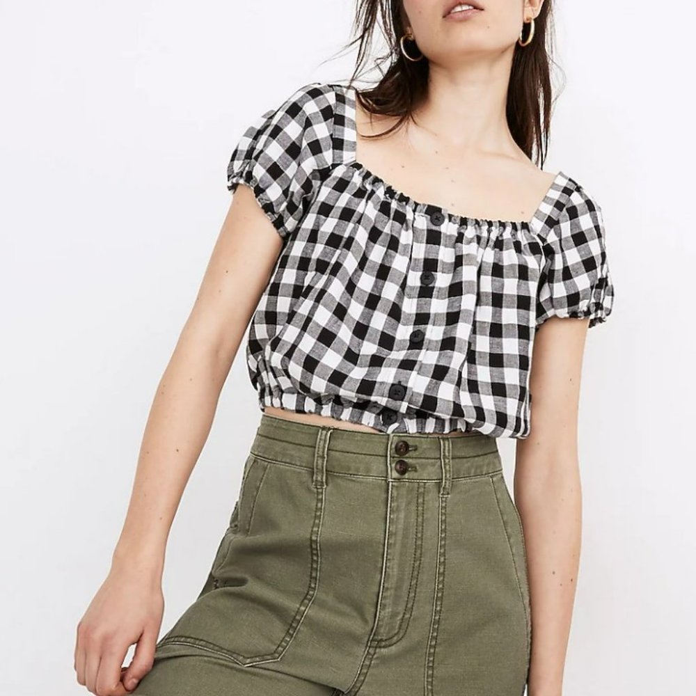 Madewell Linen-Blend Puff-Sleeve Button-Front Crop Top in Gingham Check